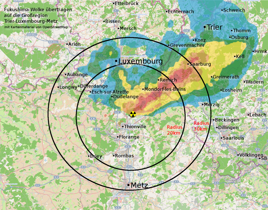 Bildquelle: OpenStreetMap, Cattenom - Fallout  (Radioaktive Wolke) über Saarland – RheinlandPfalz bei Windrichtung aus SW
