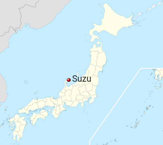 Der Ort Suzu, auf der Karte von Japan markiert